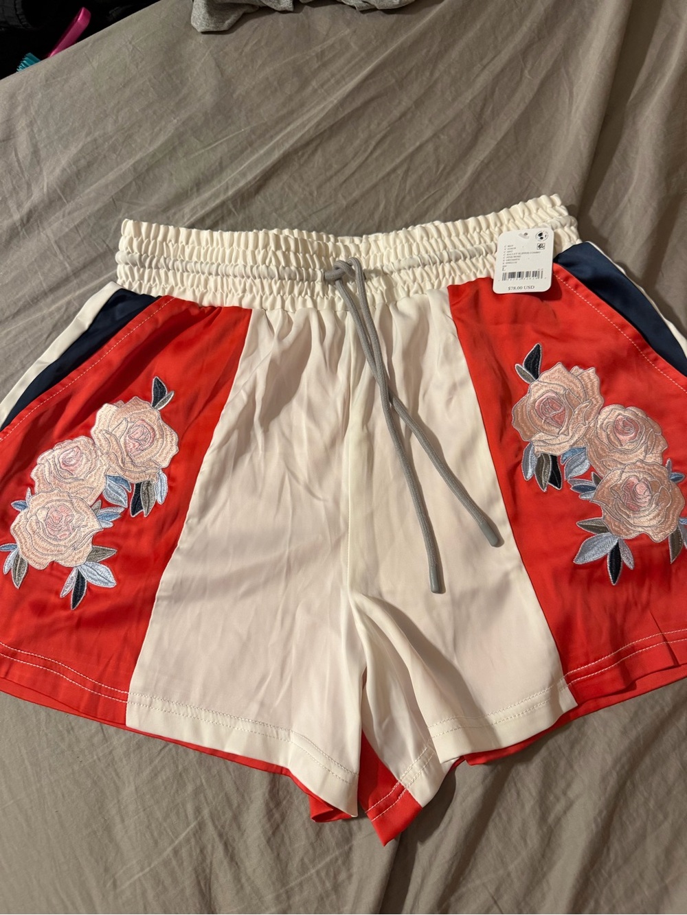 FP Movement by Free People Cream Athletic Shorts with Red Floral Side Panels